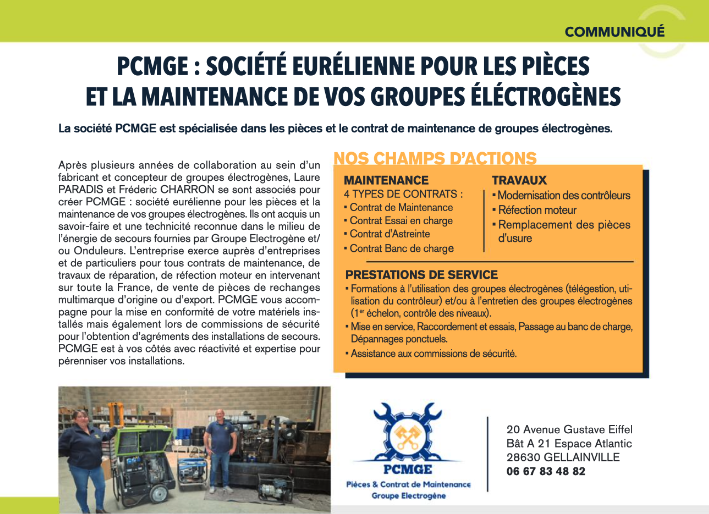 Page 35 du magazine Allures Business 2024 Spécial Chartres-Est, comprenant l'article sur la société PCMGE intitulé PCMGE : SOCIÉTÉ EURÉLIENNE POUR LES PIÈCES ET LA MAINTENANCE DE VOS GROUPES ÉLÉCTROGÈNES