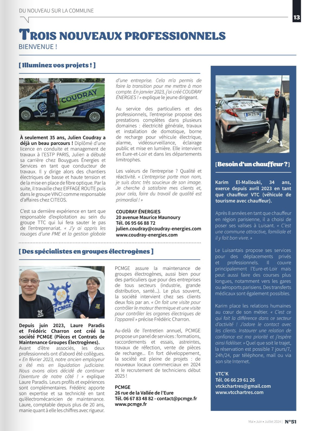 Page 13 du magazine luisantais Mon Luisant numéro 51 de la période de Mai / Juin / Juillet 2024, comprenant l'article sur la société PCMGE intitulé Des spécialistes en groupes électrogènes